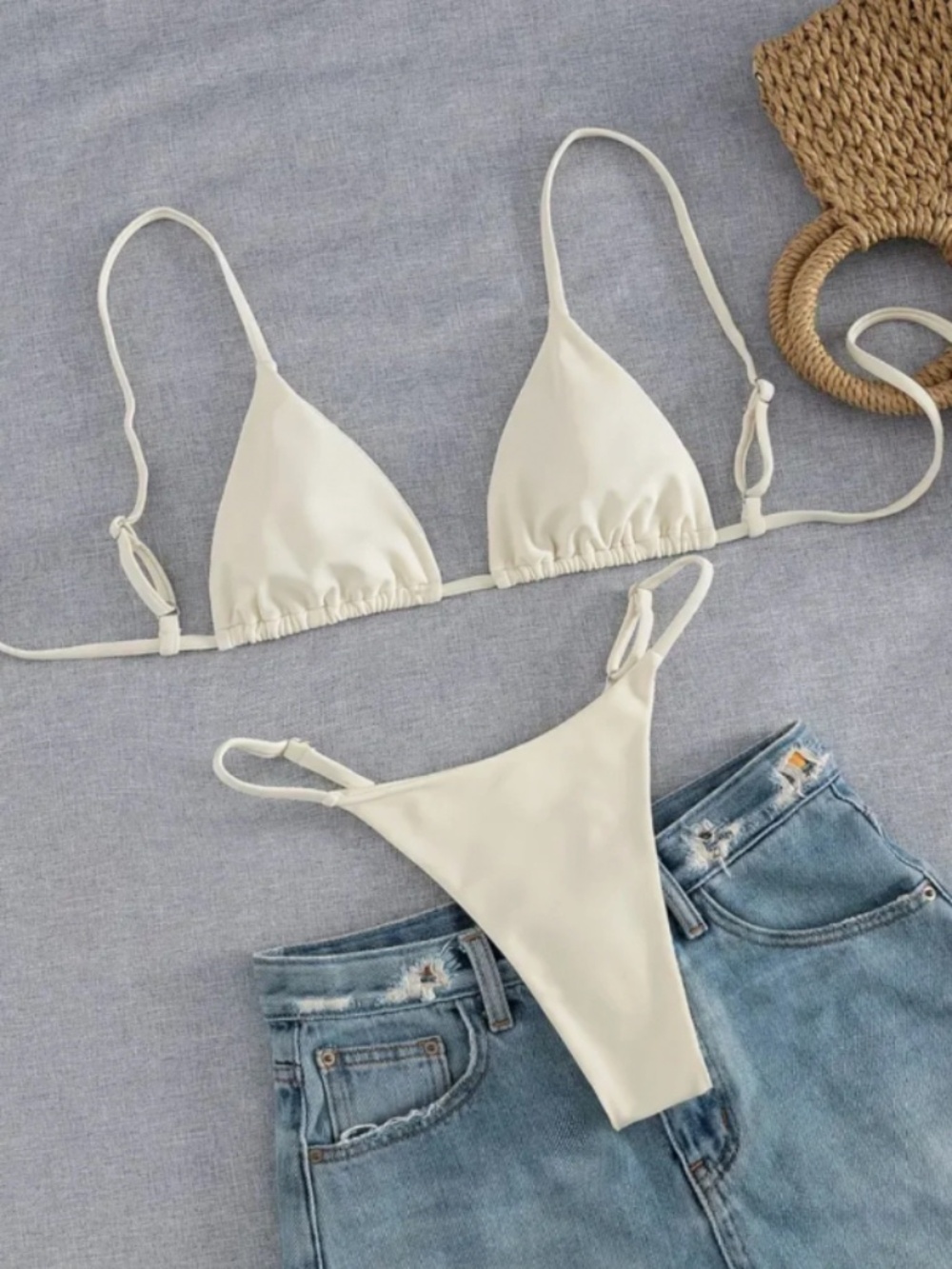 Cream White Triangle String Bikini Set